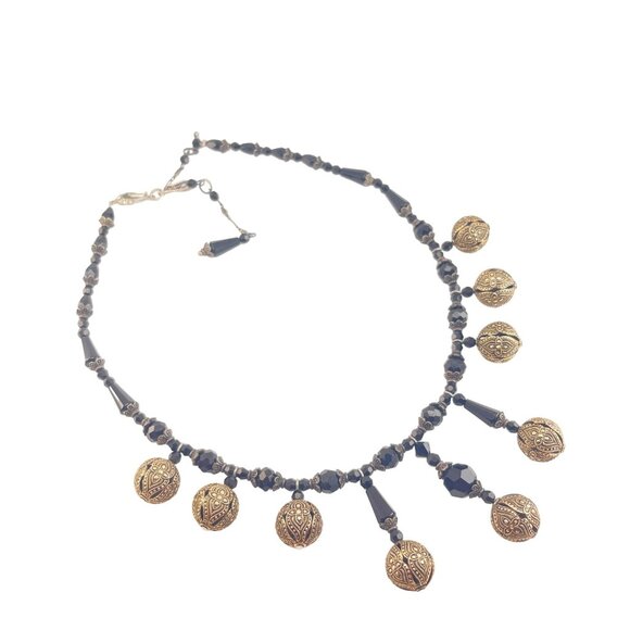 Czech Glass Bead and Sterling Silver Black Necklace Marcasite Mid Century - Picture 2 of 9